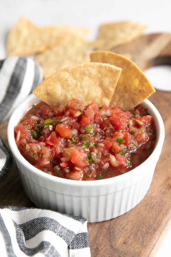 salsa in a white ramekin. 