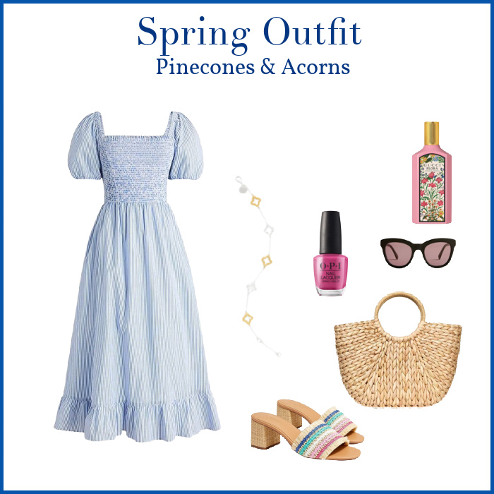 Spring outfit collage with blue dress. 