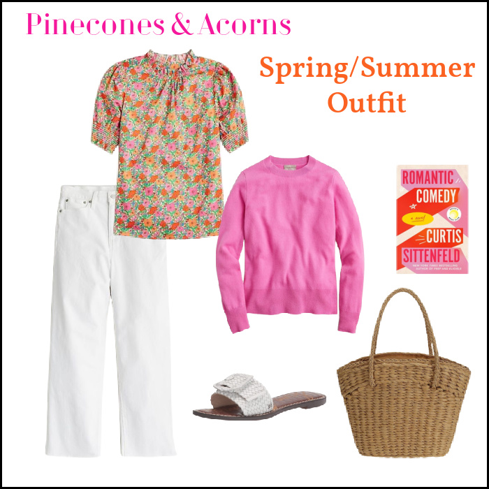 spring summer orange fuchsia outfit with white pants.