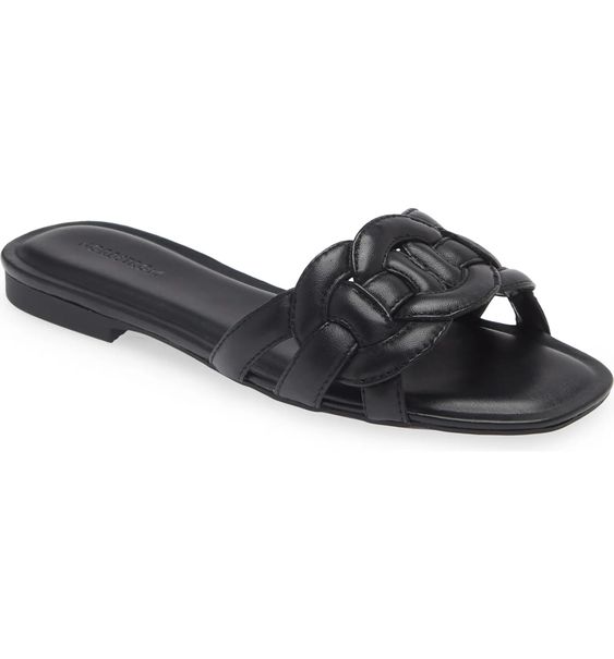 black leather sandals with ring details.