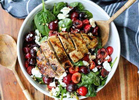 grilled balsamic chicken with toasted pine nut and cherry salad.