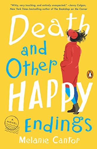 Death and other happy endings book cover, hello with a lady in red standing on the side. 
