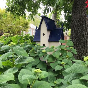 Birdhouse with a blue roof in a hedge of hydrangeas
