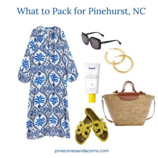 collage with a blue and white caftan, yellow sandals, wicker tote and gold earrings