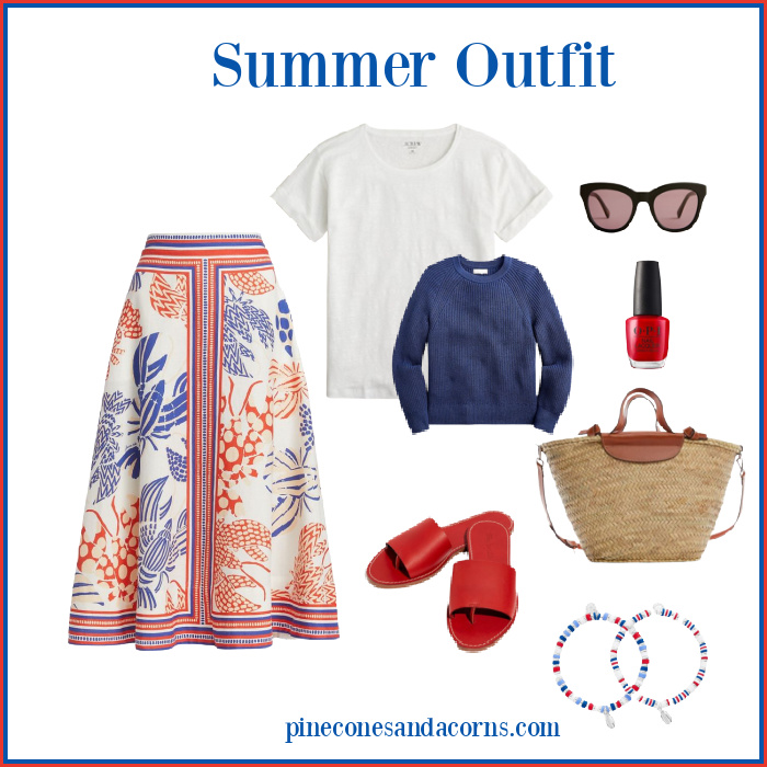 Summer Memorial Day Outfit Collage with white shirt, blue sweater, read white and blue lobster print skirt, red sandals, red nail polish and black glasses. 