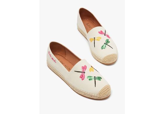 Summer white espadrilles with dragonflies. 