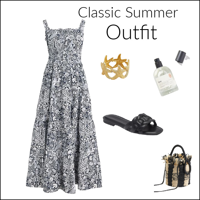 classic Summer black and white dress outfit with sandals purse and bag.