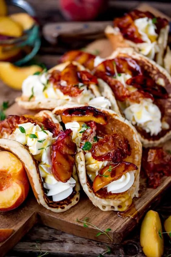 Pancake Tacos with Caramelized Peaches and Pancetta.