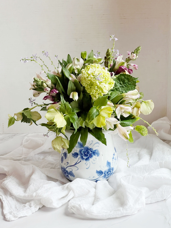 Mothers day flowers in a blue and white chinoiserie vase. 