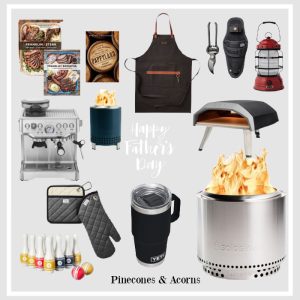 Father's Day gift guide collage with a pizza oven, yeti cup, sweatshirt, cookbooks, grilling tools, lawn bowling.