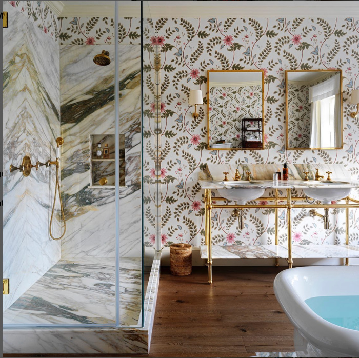 beautiful white marble bathroom with colorful accents by salvesen graham.