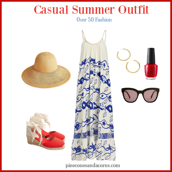 casual summer outfit women over 50 Farm Rio Dress and espadrilles