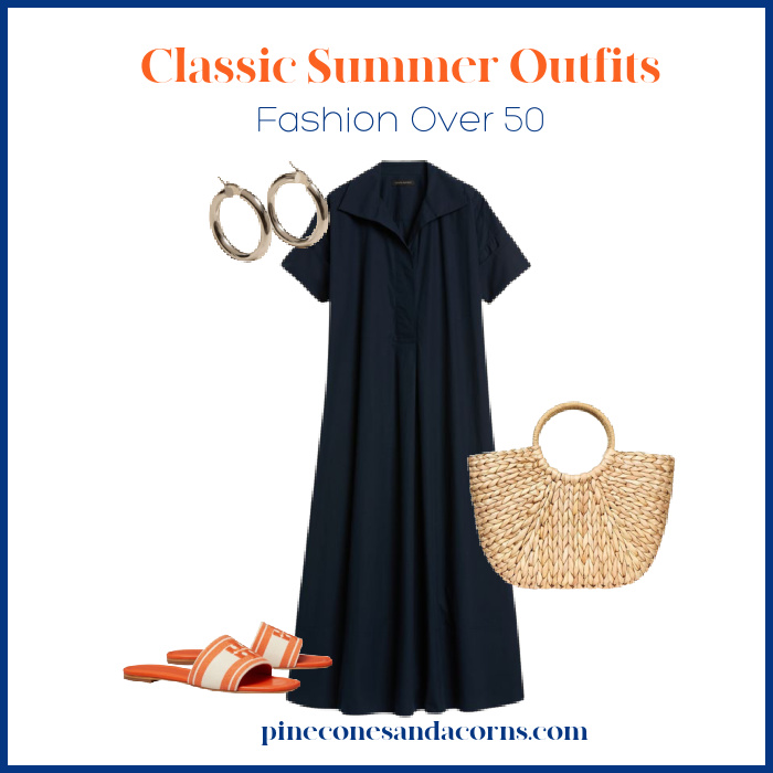 classic summer outfit blue dress orange sandals wicker bag and silver earrings.