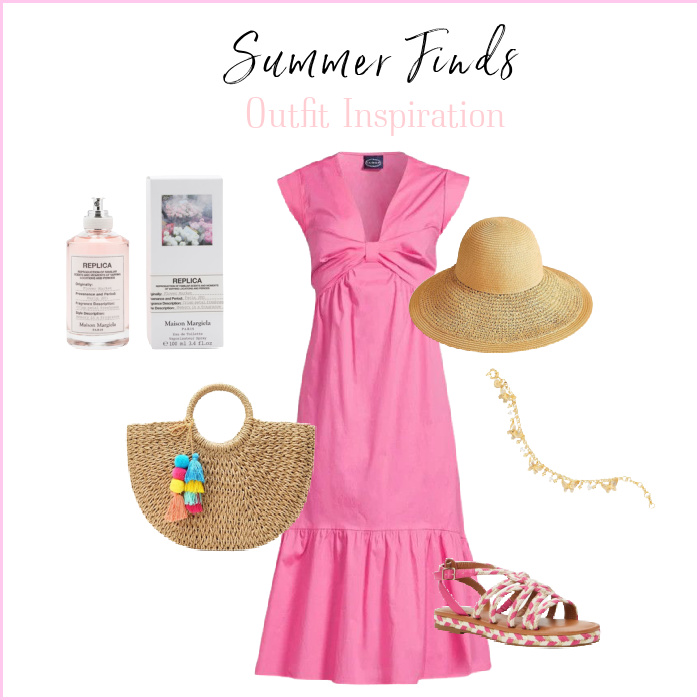 summer finds pink dress outfit inspiration collage with dress, sandals, hat, bag with pom poms, perfume and a bracelet.