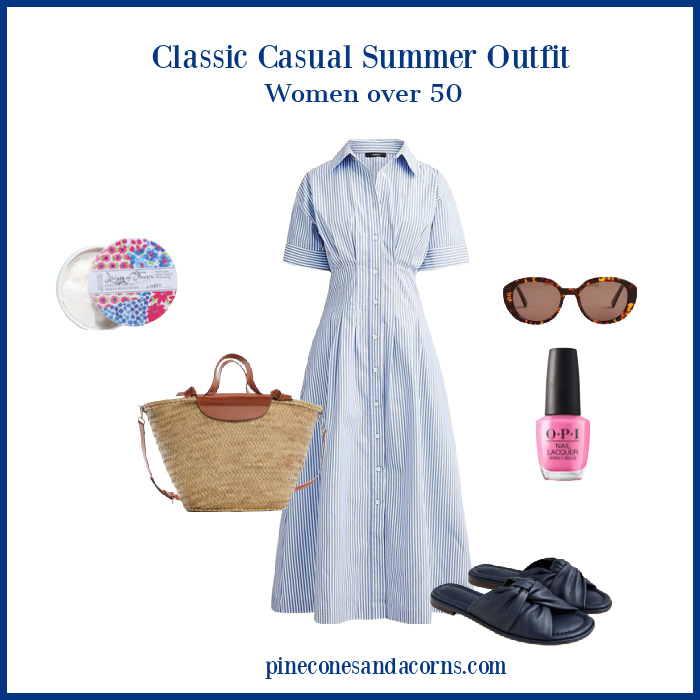 collage of classic casual summer outfit women over 50 with a blue dress, blue sandals, brown sunglasses, a wicker tote with leather handles and some pink nail polish and flower perfume. 