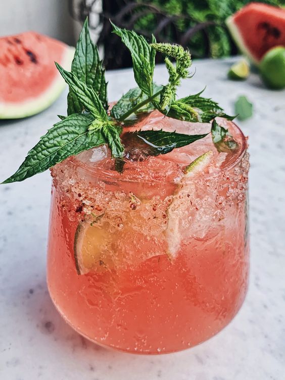 Watermelon gin and tonic in a glass topped with mint. 