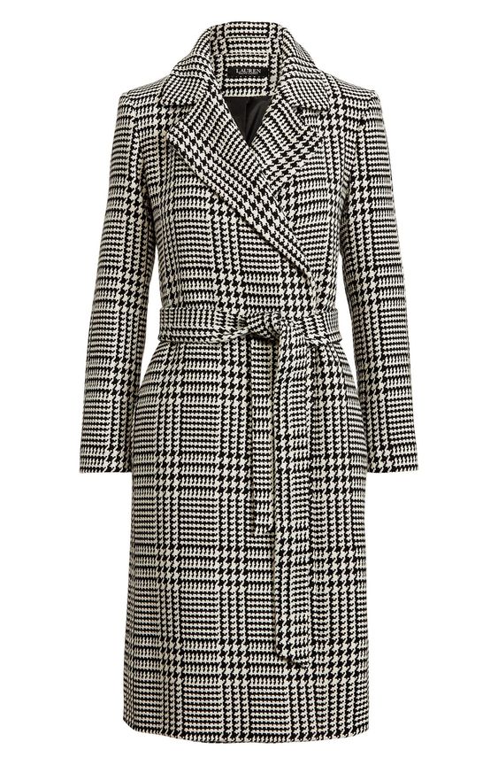 Black and white houndstooth coat, belted. 