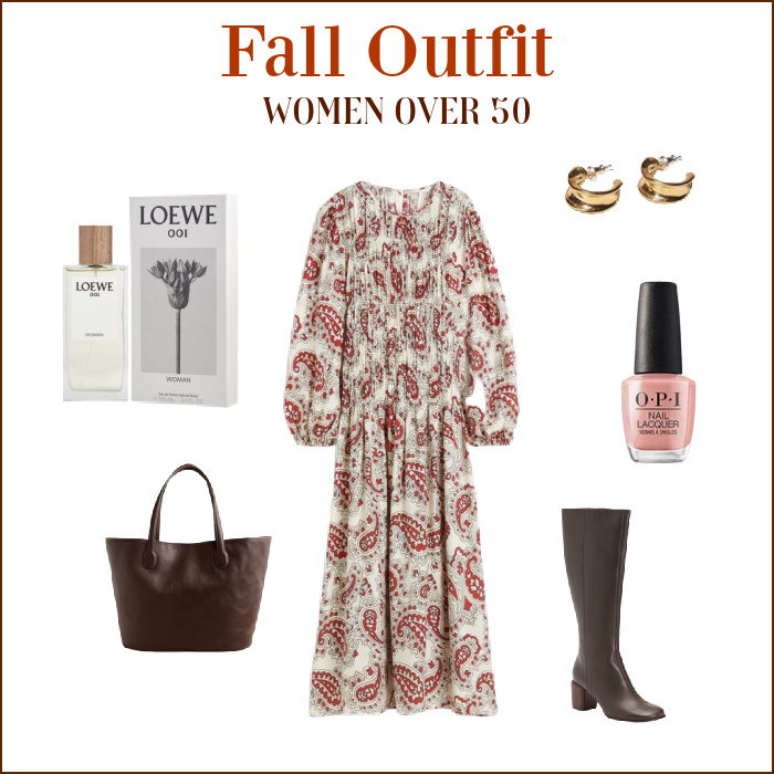 Fall Outfit Women over 50 collage with a brown pattern dress, brown boots, bag, gold earrings, tan nail polish and Lowe perfume. 