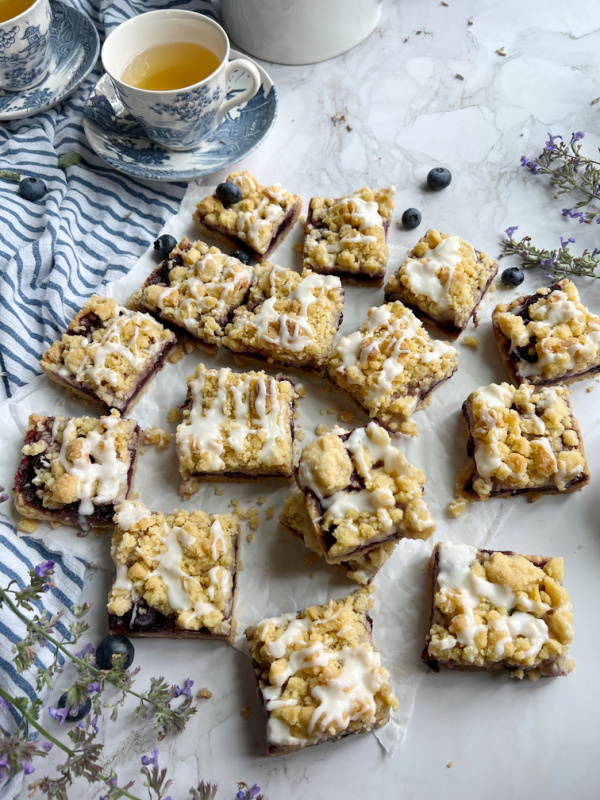blueberry crumb bars and a cup of tea.