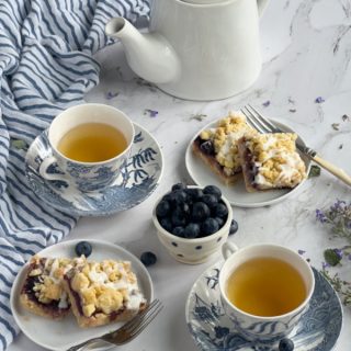 blueberry crumb bars and tea for 2.