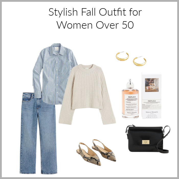 fall outfit collate with jeans, tan sweater, blue and white shirt, snakeskin slingback sandals, black purse, gold earrings and perfume.