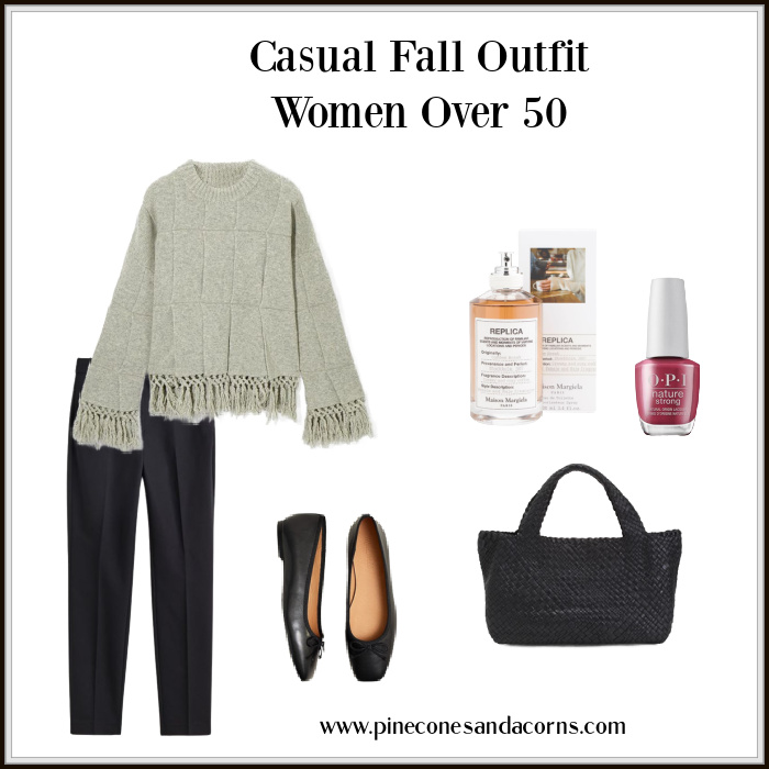 Casual Fall Outfit women over 50 gray sweater black pants.
