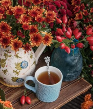 Fall flowers and a cup of tea,