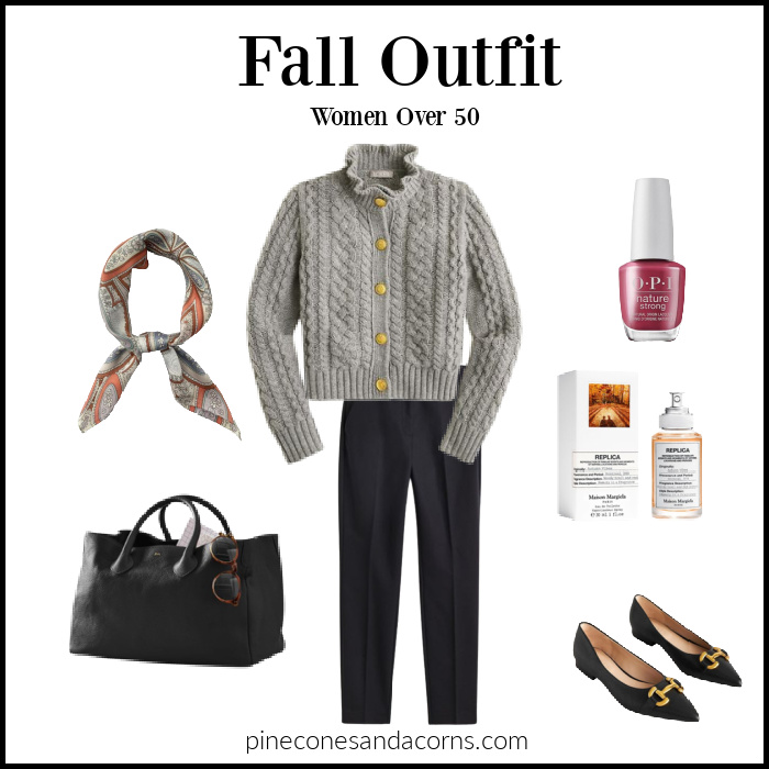 Friday Favorites Fall outfit women over 50 black pants gray sweater.