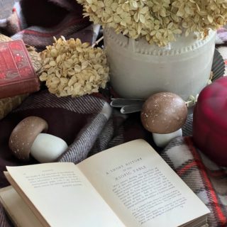 Fall Flatlay with book, mushrooms, hydrangeas,