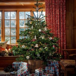 English Country Cottage Christmas decor with tartan plaid, fairy lights, holly, Christmas crackers, orange pomanders, garland and more.