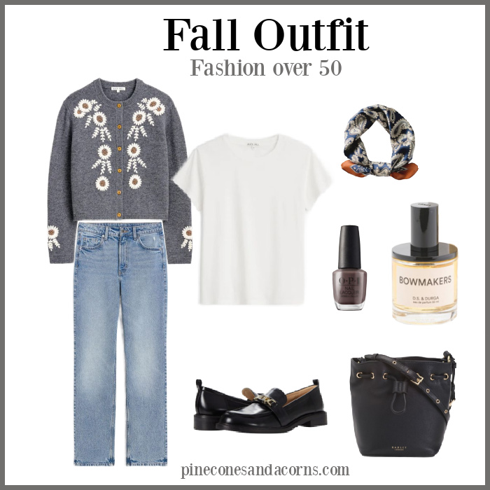 Fall outfit collage with jeans, gray sweater with white flowers, white t-shirt, black shoes and bag, perfume and nail polish. 