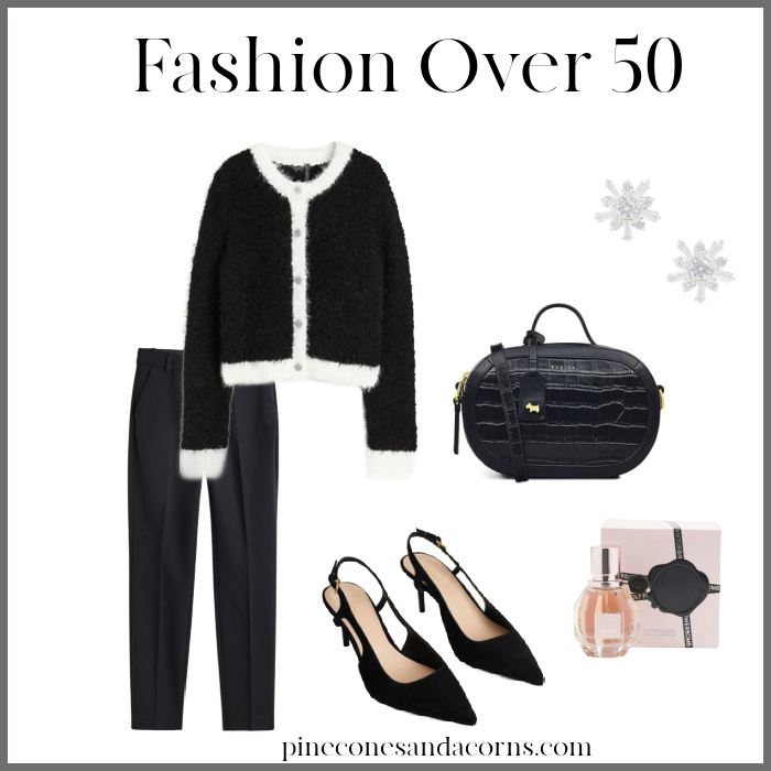 black outfit with a black and white lady jacket, black pants, slingback from Boden, a Radley London bag and Talbots earrings.