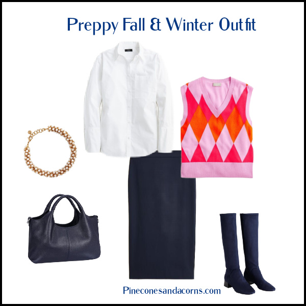 Preppy Fall and winter outfit with a blue skirt, white blouse, blue bag, blue boots, pink and red argyle vest and a white blouse and pearl bracelet.