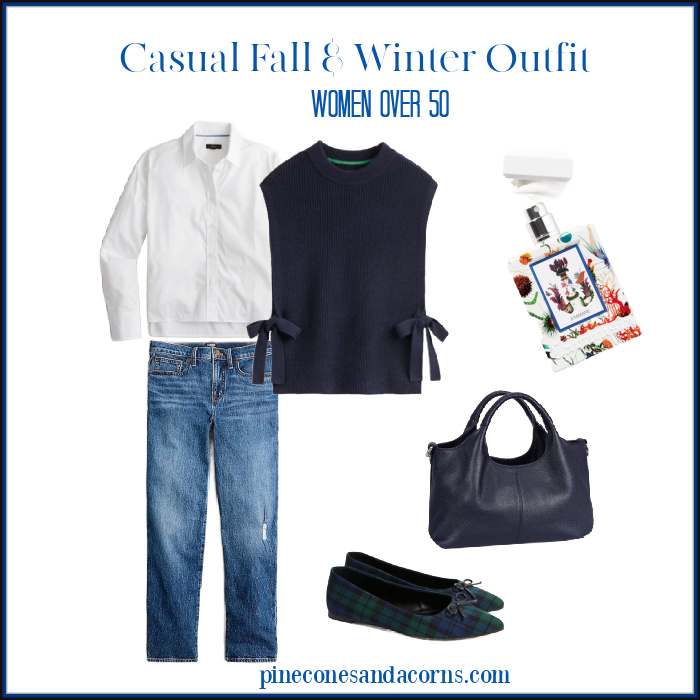 classic, casual Fall and winter outfit for women over 50 featuring a Boden vest, Jcrew jeans and blouse and tartan plaid ballet flats!
