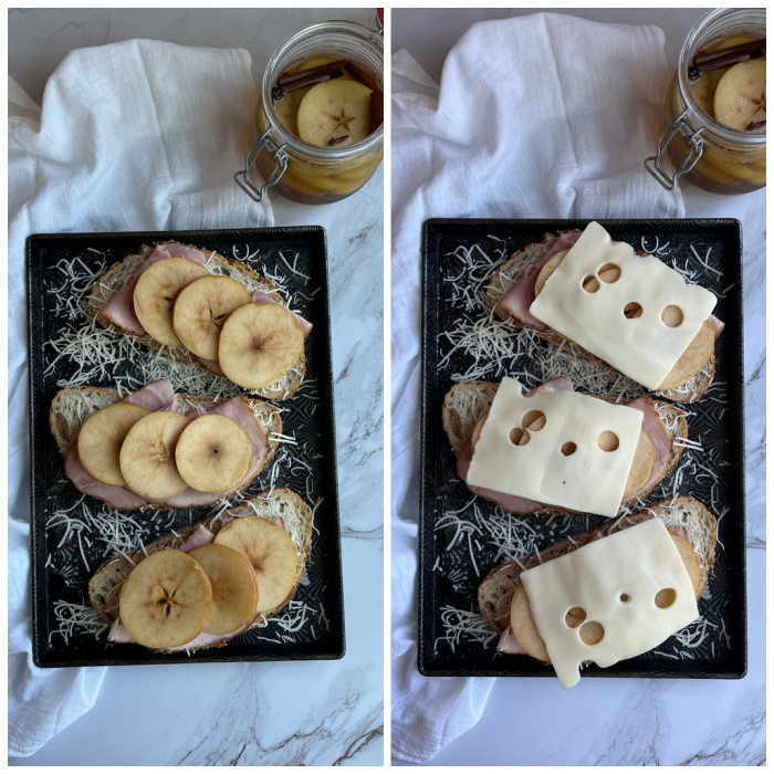 ham, cheese, apple tartine on baking sheet. 