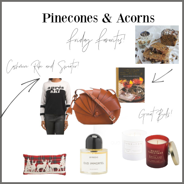 Collage of clothes, books, food with Friday Favorites. 