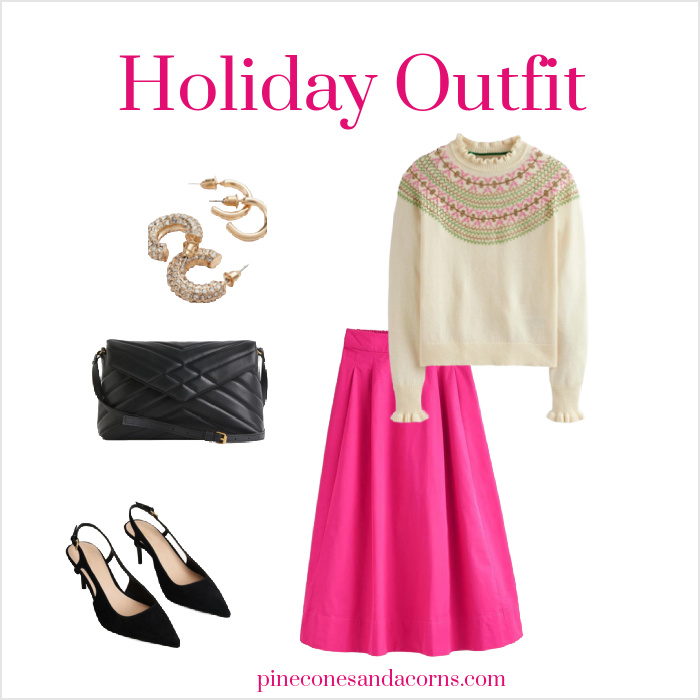 Holiday outfit women over 40 pink skirt embellished bode sweater