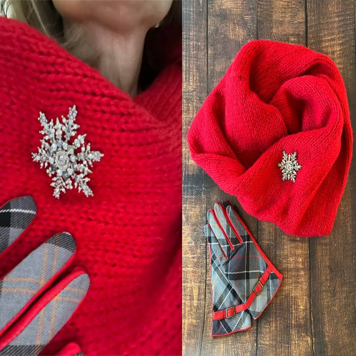Red Cowl Scarf with Barbour gloves and a brooch