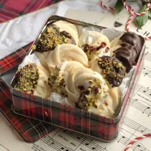 Viennese Whirl Cookies Dipped in Chocolate with pistachios