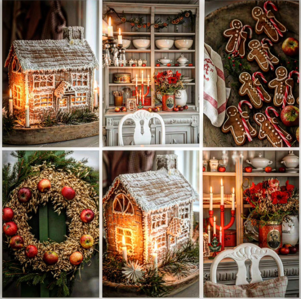 Collage of gingerbread houses and christmas decor