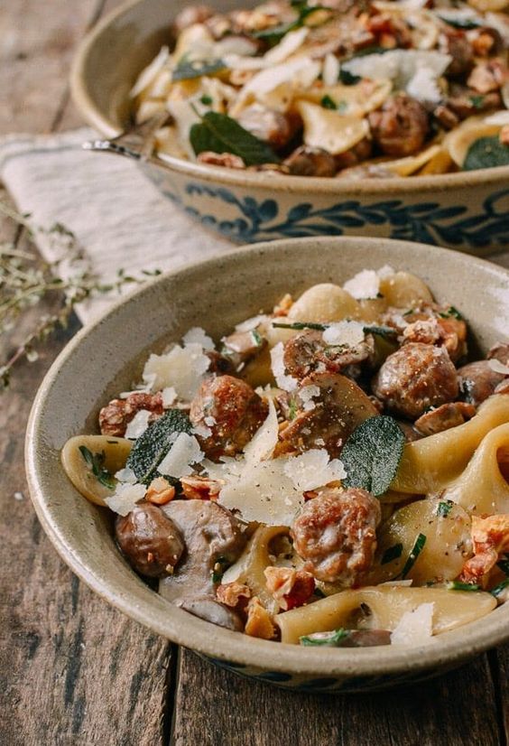 Winter pasta with mushrooms, sausage and crispy sage. 