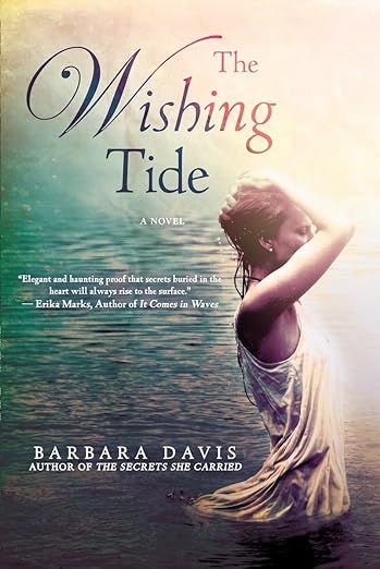 Book cover of The Wishing Tide, waves in the background and a woman in a sleeveless t-shirt with her hands above her head. 