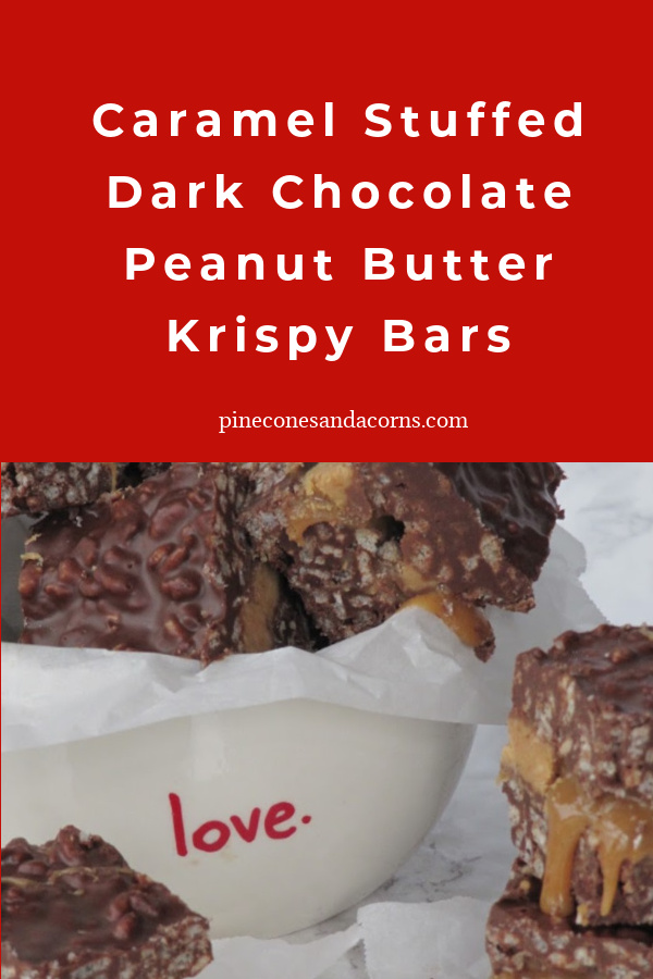 Caramel Stuffed Dark Chocolate Peanut Butter Krispy Bars