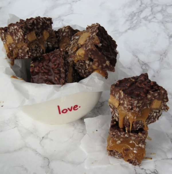 Caramel Stuffed Dark Chocolate Peanut Butter Krispy Bars