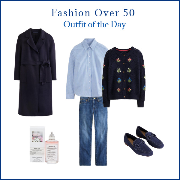 Fashion over 50 Blue Outfit with Embroidered Sweater.