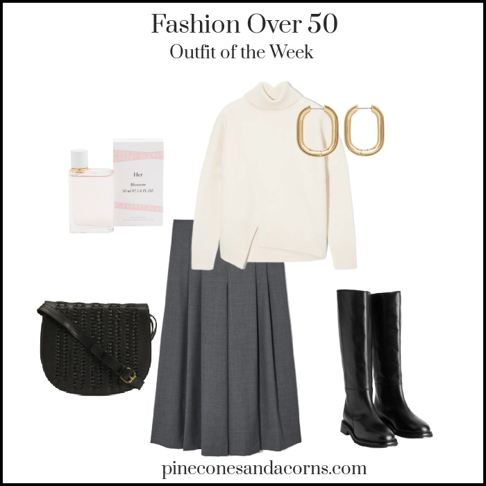Fashion Over 50 Winter Outfit Inspiration with skirt sweater black bag boots and gold hoop earrings.