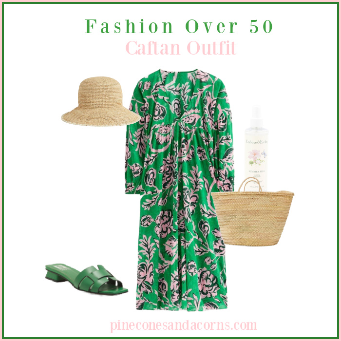 Caftan Outfit Fashion over 50, green and pink caftan, green sandals, straw hat and tote. 