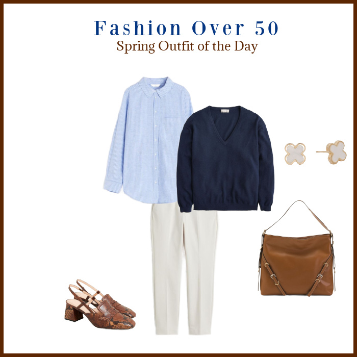 Fashion Over 50 Spring Outfit of the Day with white slacks, blue shirt, blue sweater, tan slingback sandals and a bag with small gold earrings.