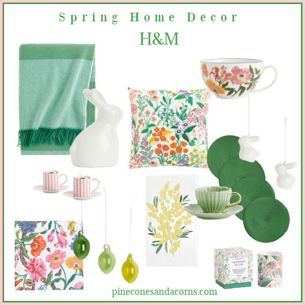 Spring Home Decor H&M including flowered pillows, mugs, napkins, green throws and placemats.