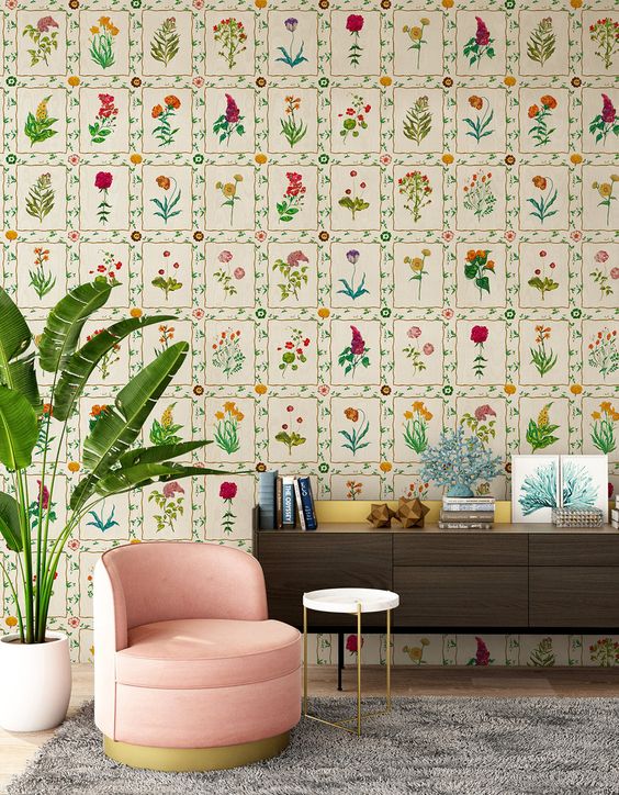 Botanical wallpaper, WILLIAMSBURG Mural Collection by Paul Montgomery Floribunda. 